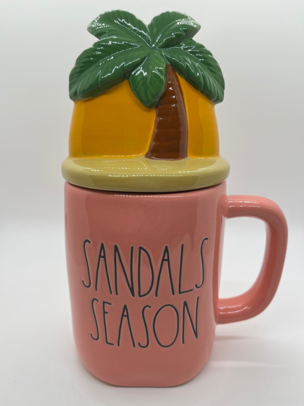 Rae Dunn Coastal Sandals Season Coral Ceramic Mug with Tropical Palm Tree Lid